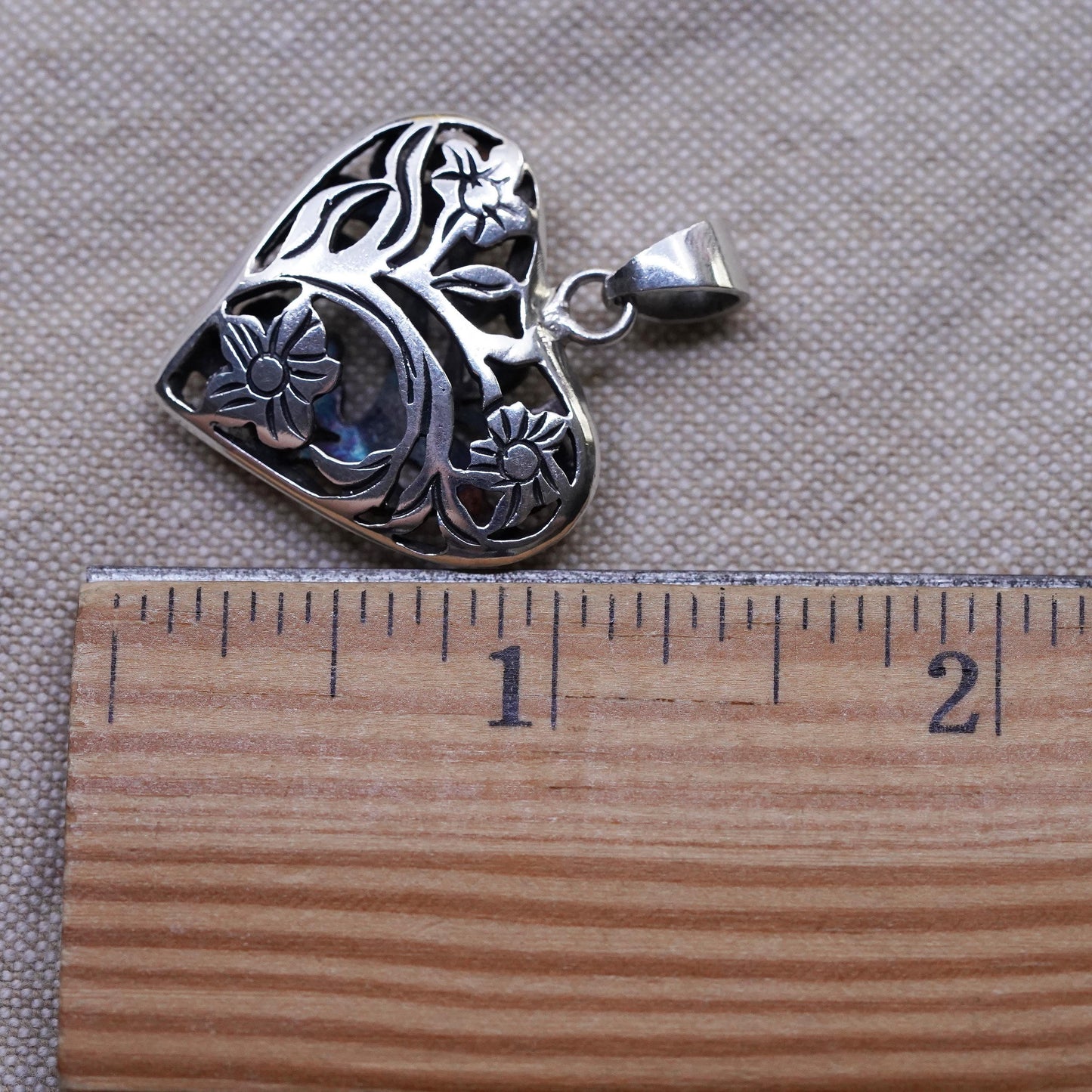 Vintage Sterling silver handmade flower pendant, puffy 925 heart charm