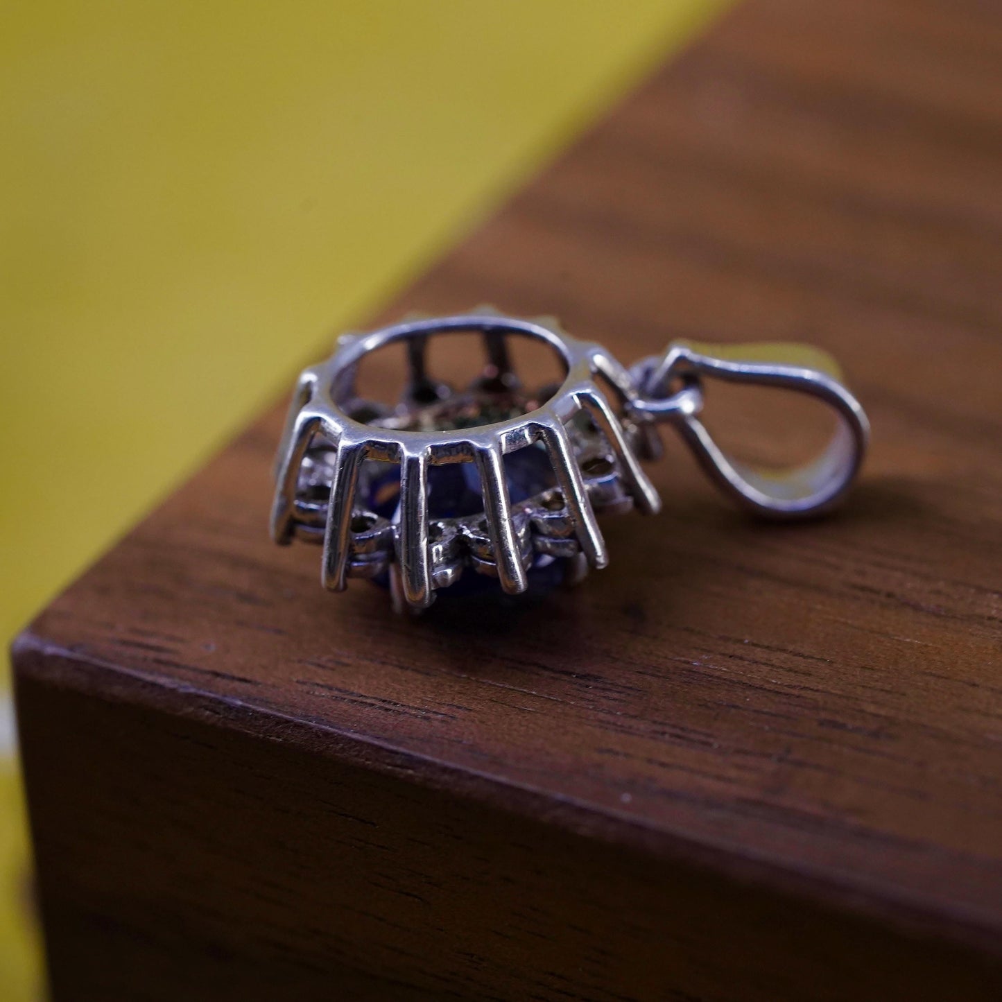 Vintage DIAG Sterling 925 silver oval pendant with sapphire and diamonds