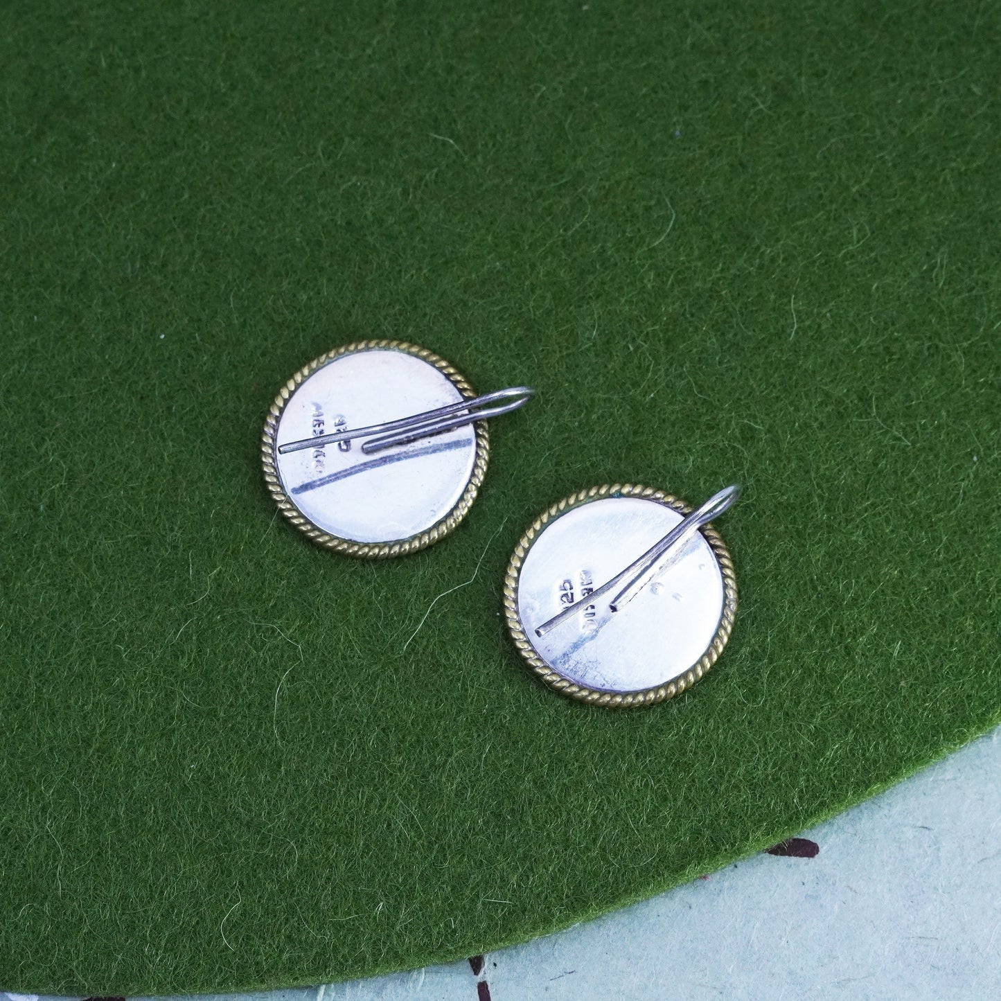 two tone mexico sterling silver earrings, 925 disc brass cable engravers “GBH”