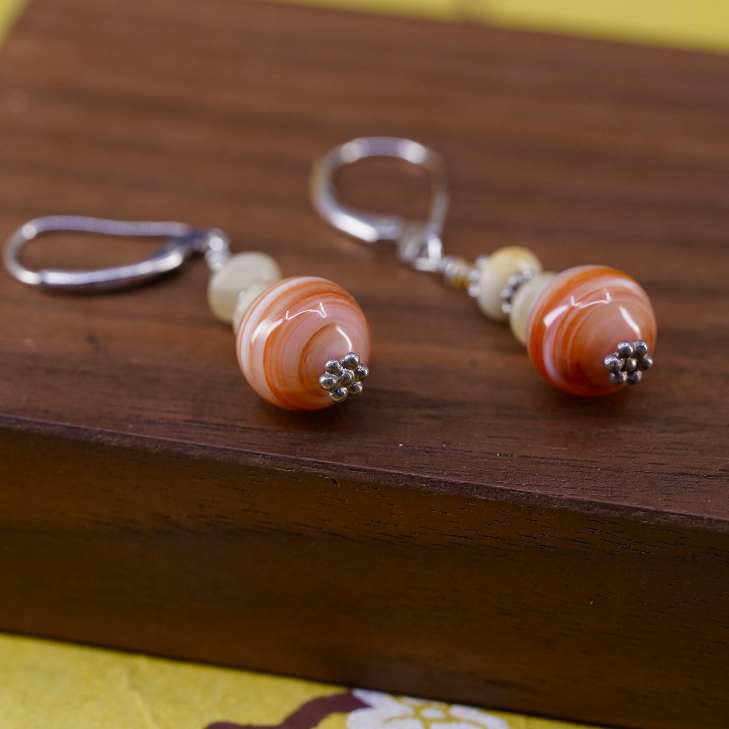 VTG Sterling silver handmade earrings, 925 lever back hooks orange agate beads