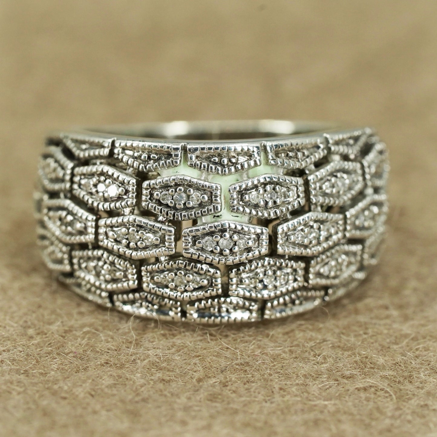 Size 9.5, vintage Sterling 925 silver ring, filigree band with cluster diamonds