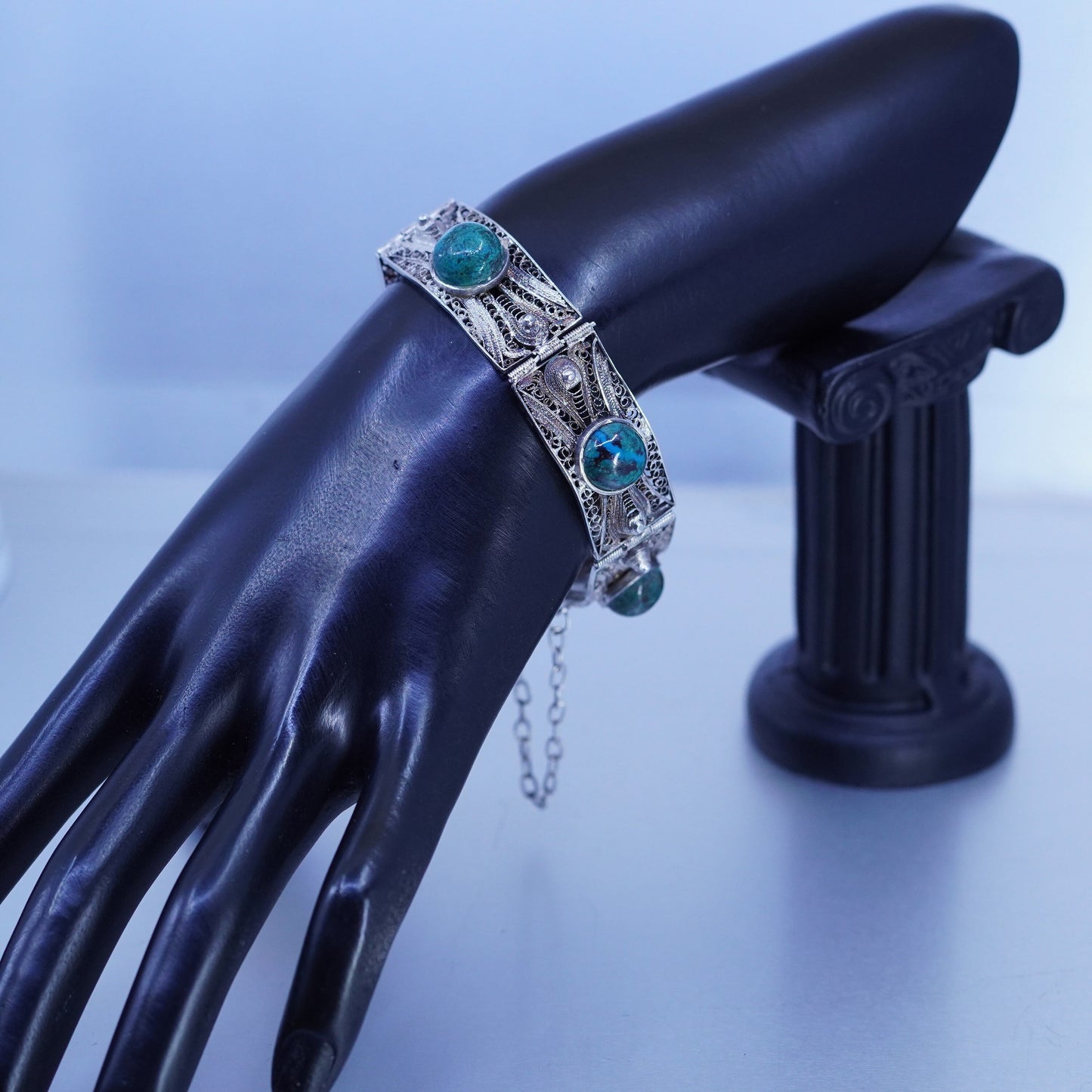 7”, Sterling 925 silver handmade bracelet, filigree rectangular link turquoise