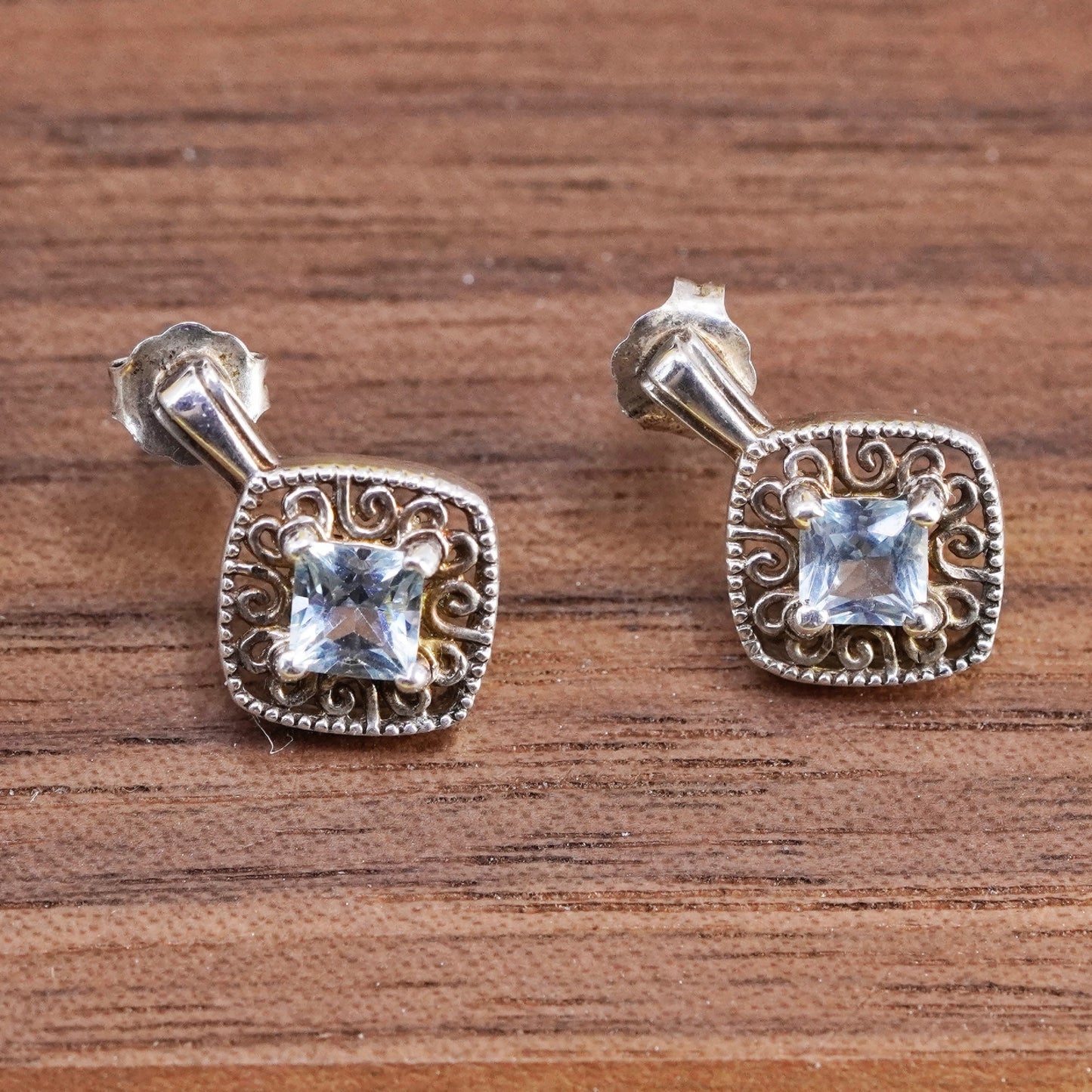 vintage Sterling silver handmade earrings, 925 filigree studs with blue crystal