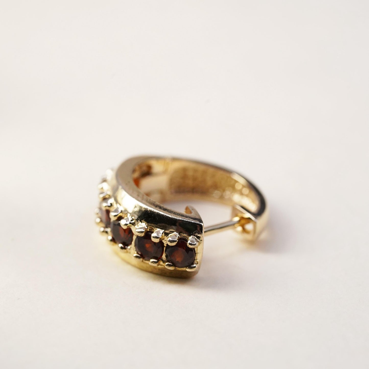 0.5”, Vintage vermeil gold sterling silver single earring, 925 huggie hoop ruby