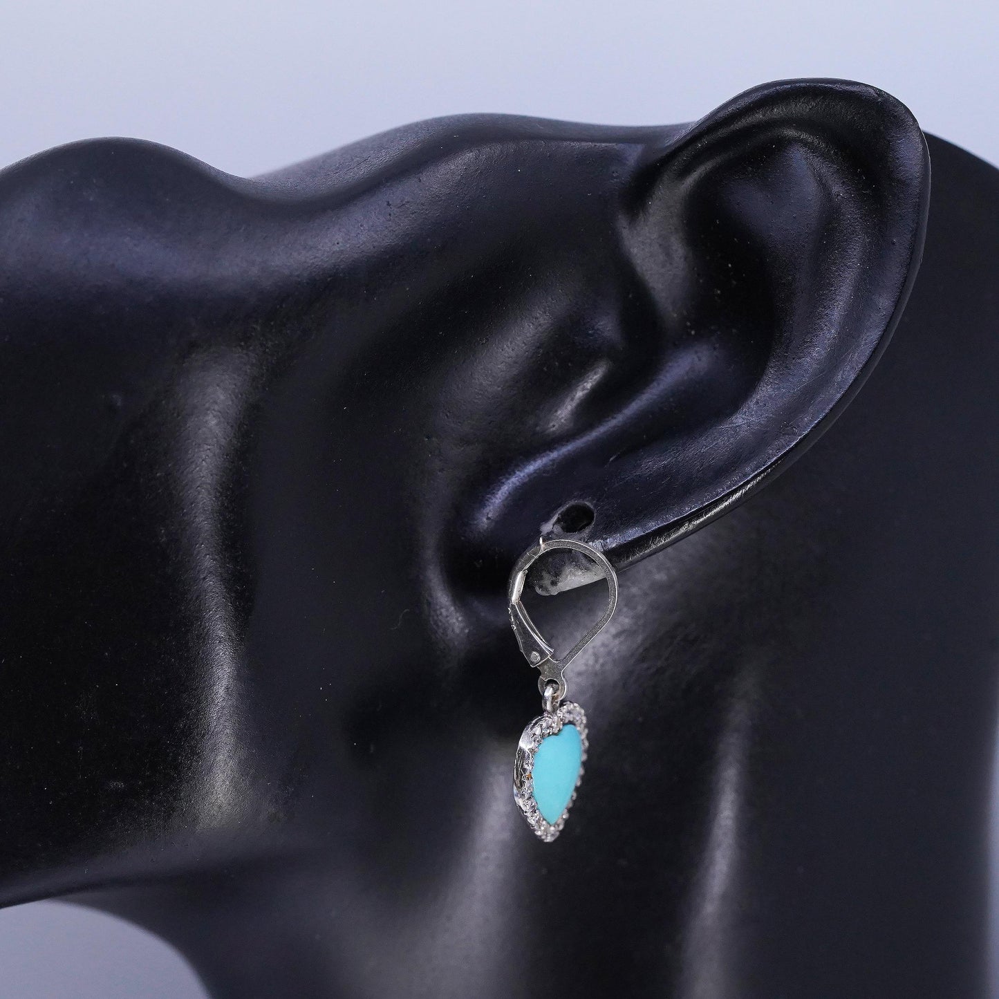 VTG 925 Sterling Silver Turquoise Heart Dangles, CZ Halo, Leverback Earrings