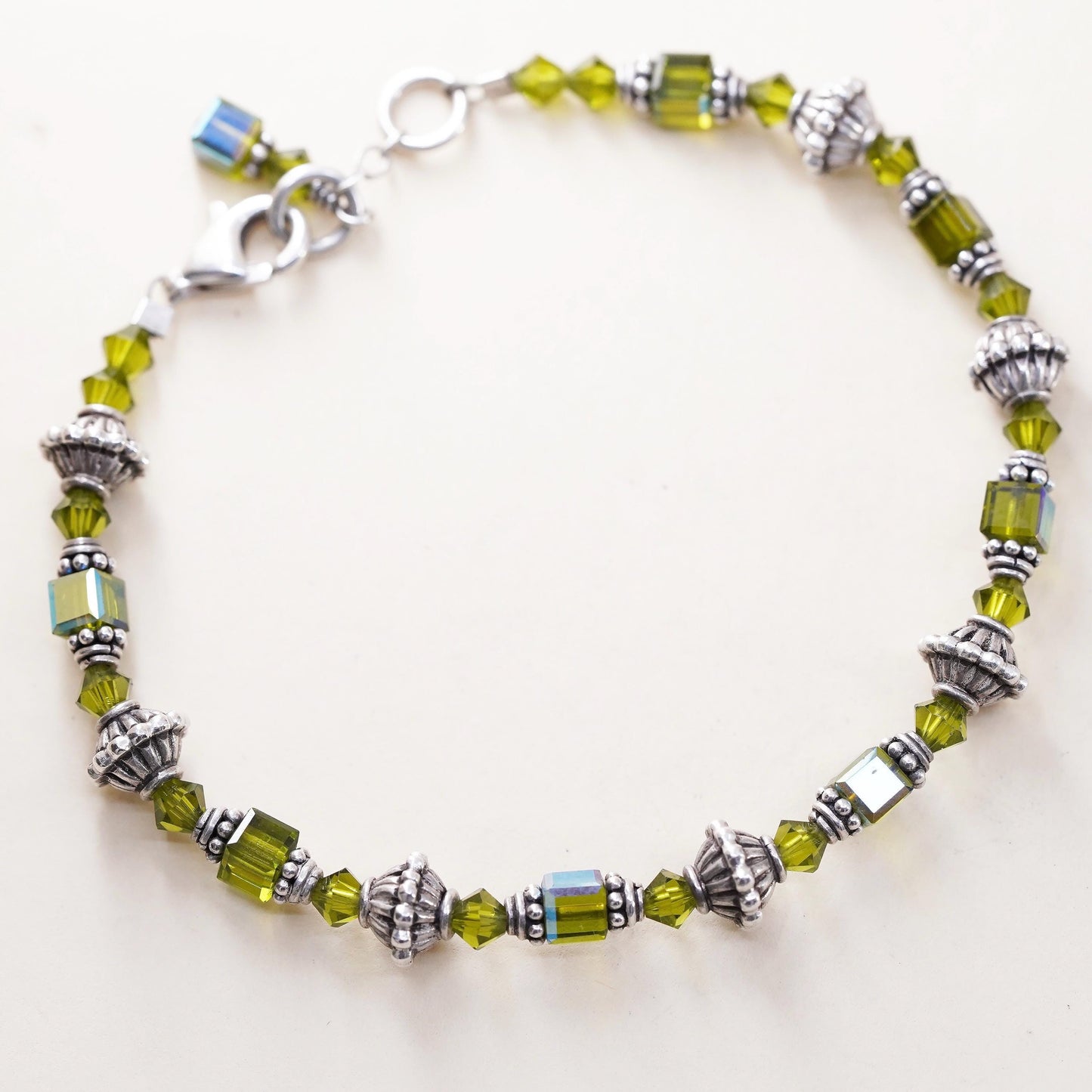7", vintage Sterling silver handmade bracelet, 925 beads chain green Crystal