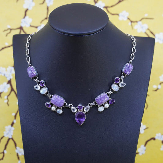 16+2”, sterling silver 925 handmade necklace charoite moonstone pearl pendant