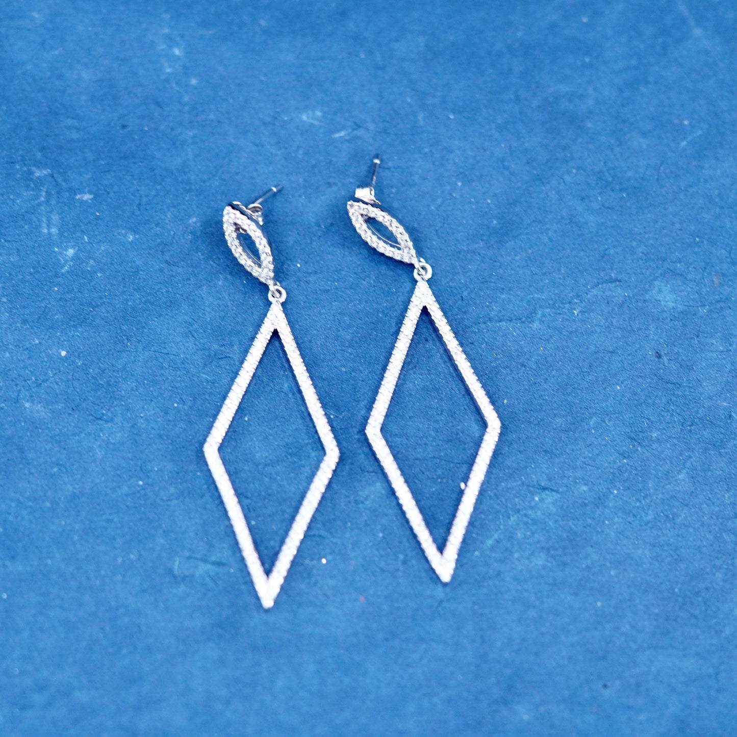 Vintage Sterling silver earrings, 925 diamond shaped dangles with cluster cz