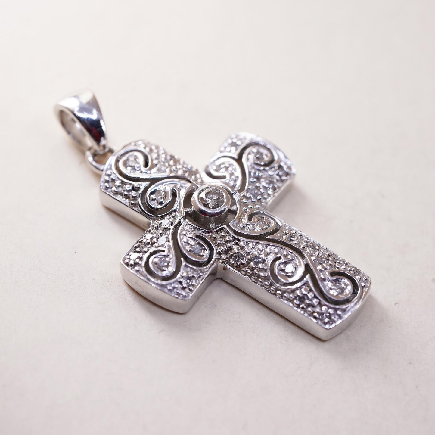 VTG modern sterling 925 silver filigree pendant, cross cluster genuine diamond