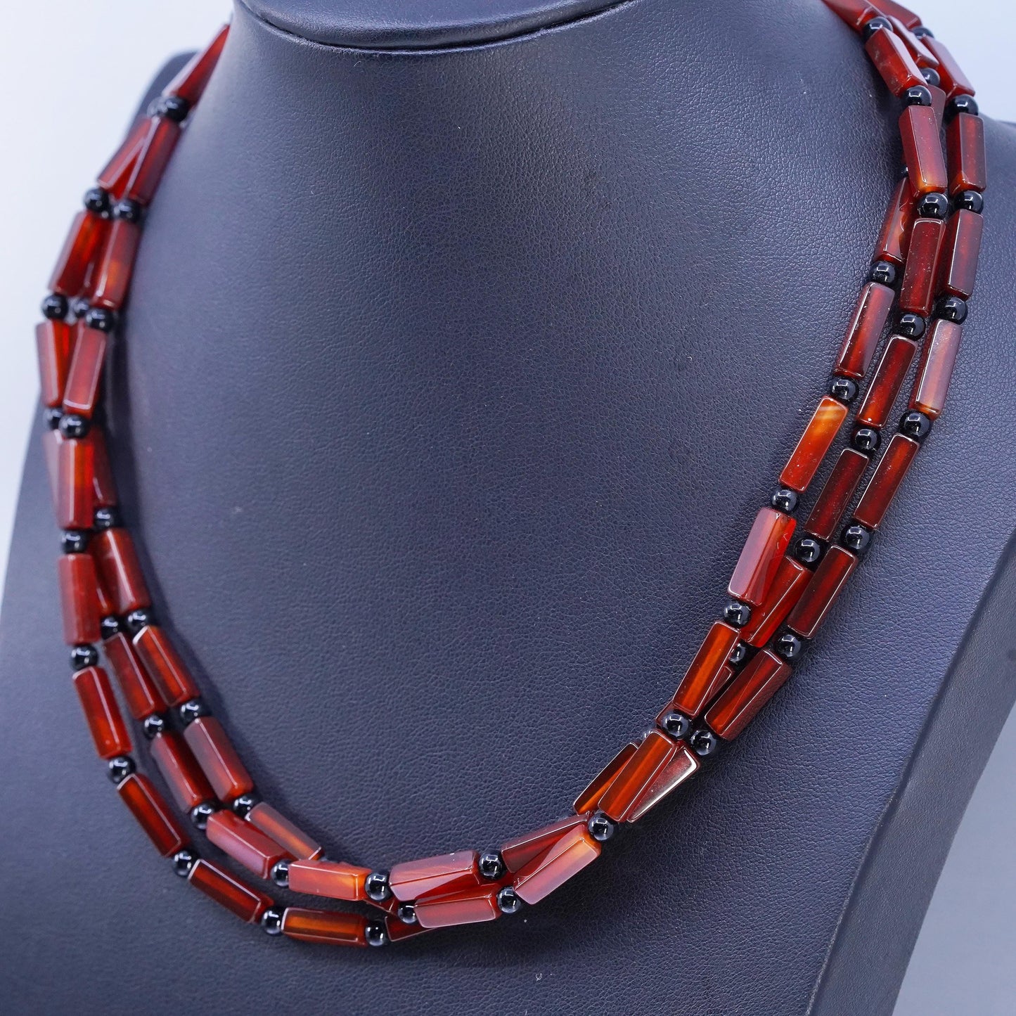 18" Sterling 925 Silver Multi Strands carnelian tube Necklace black onyx beads