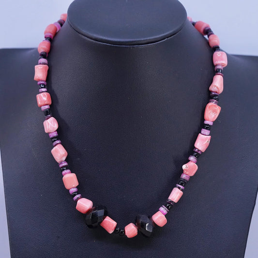 16", vintage Sterling 925 silver coral beads necklace with floral fancy closure