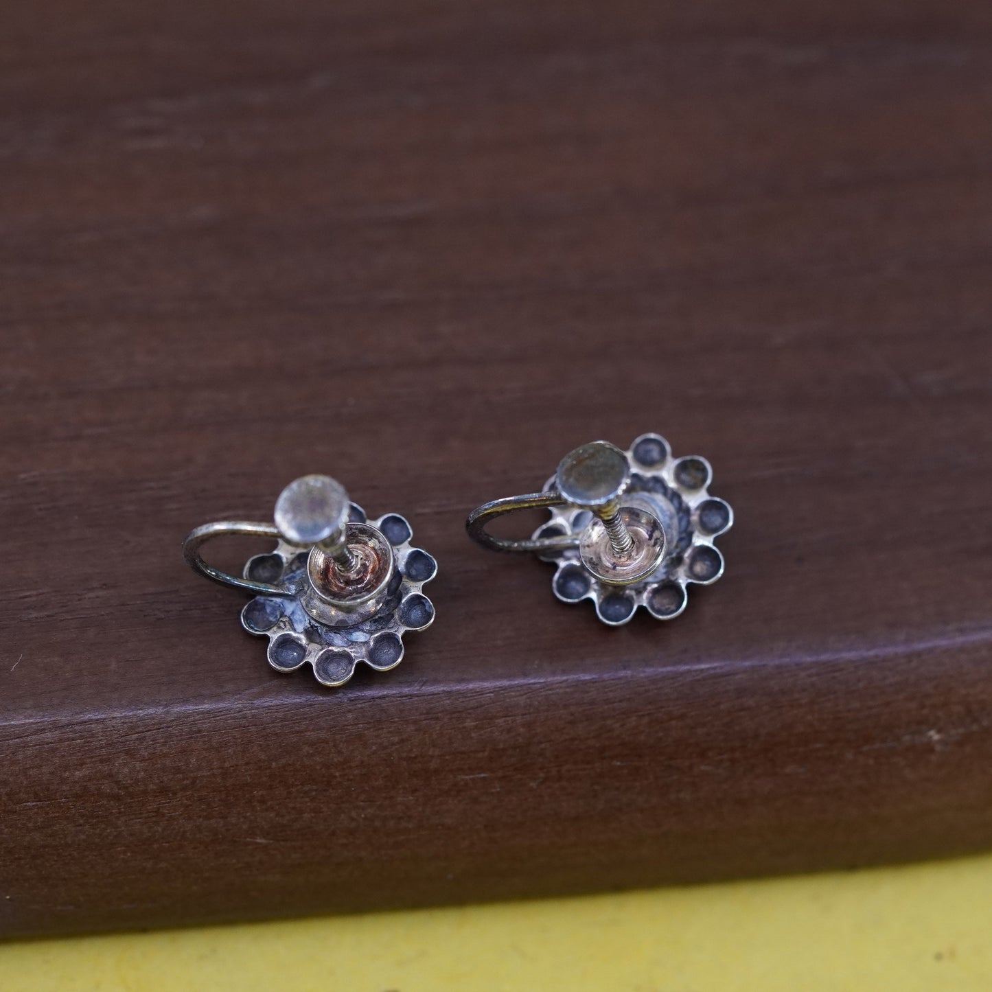 Vintage Sterling silver handmade screw back earrings, 925 flower