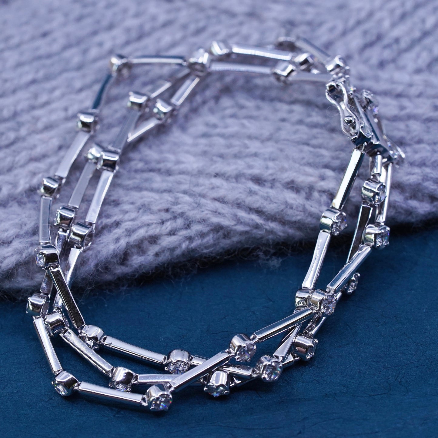 7.25", vintage Sterling 925 silver tennis multi strands bracelet with clear cz