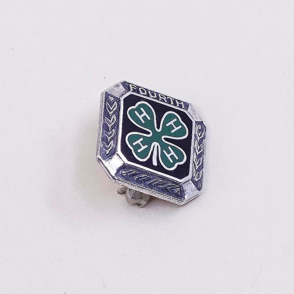 Vintage irish Sterling silver handmade brooch, solid 925 silver four leaves clover with green enamel, stamped sterling