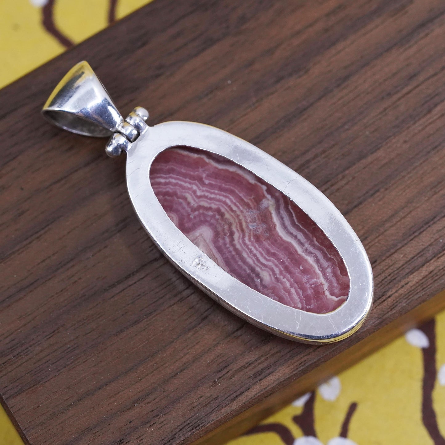 Vintage Sterling 925 silver handmade huge oval pendant with Rhodonite