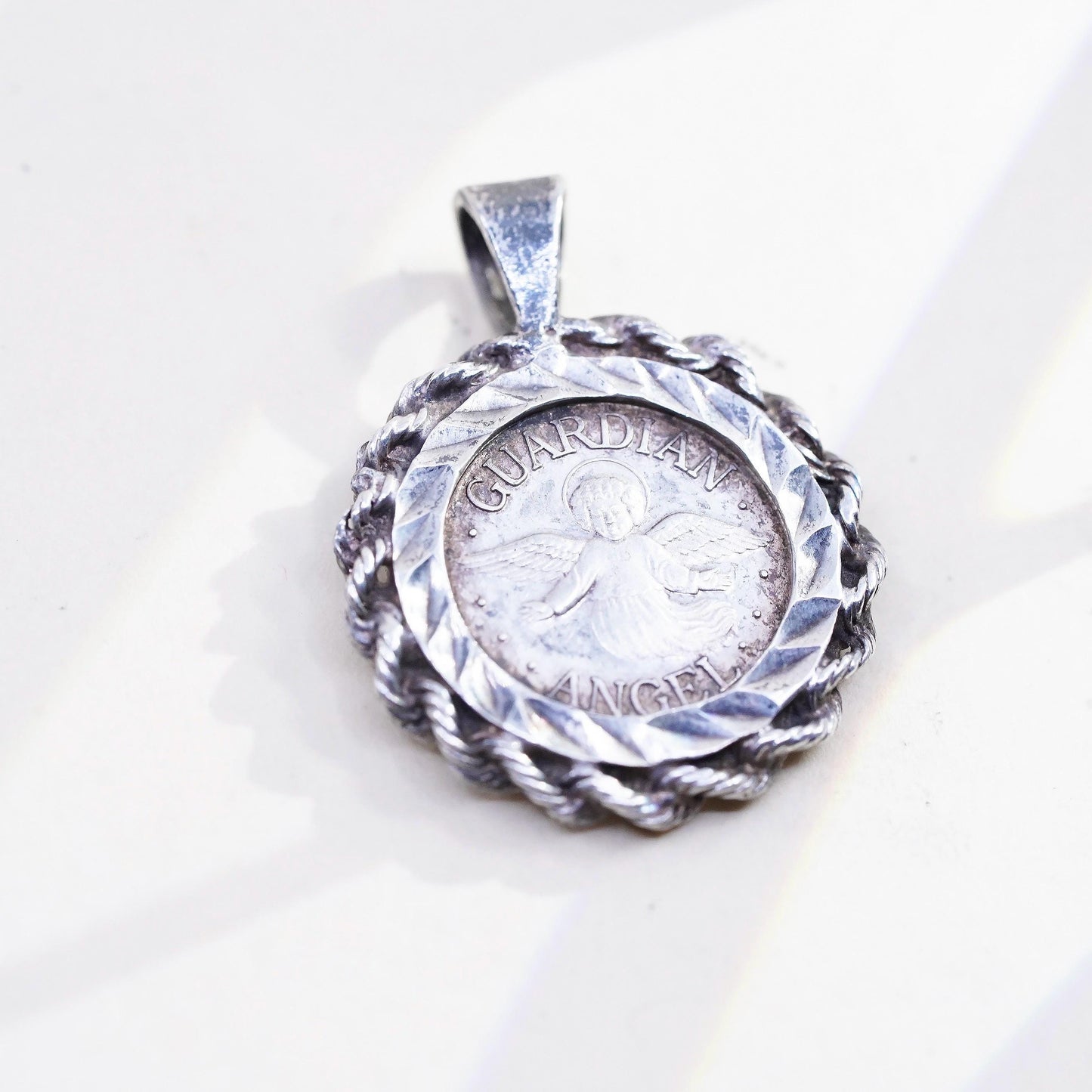 VTG Sterling silver pendant, 999 fine silver guardian angel coin in 925 cable