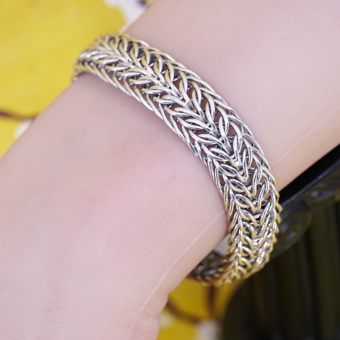 6.5" 12mm, Vintage Turkish Sterling silver flatten wheat chain, 925 bracelet