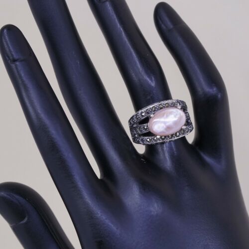 Sz 6.75, Vtg Sterling 925 Silver handmade Ring W/ Mother Of Pearl n marcasite
