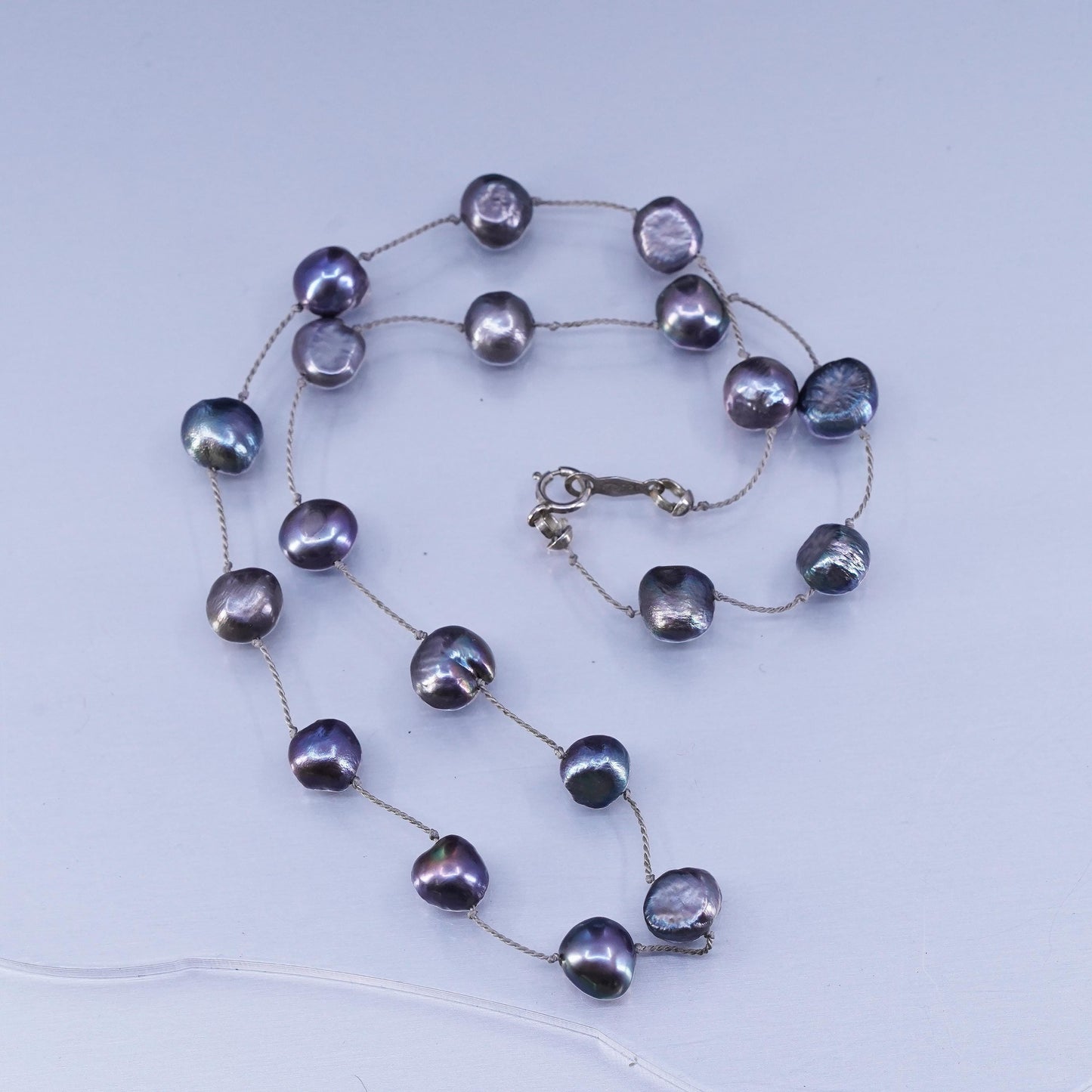 14”, vintage Sterling 925 silver handmade black pearl chain tennis necklace