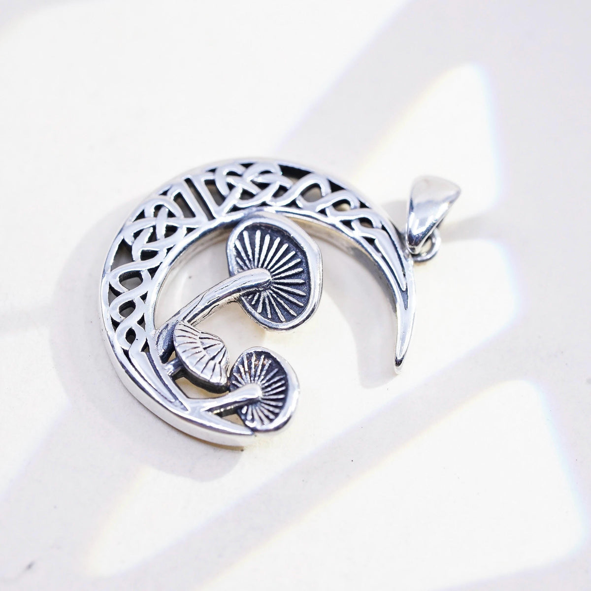 VINTAGE Sterling Silver Crescent Moon Mushroom Pendant, 925 Celtic Moon Charm