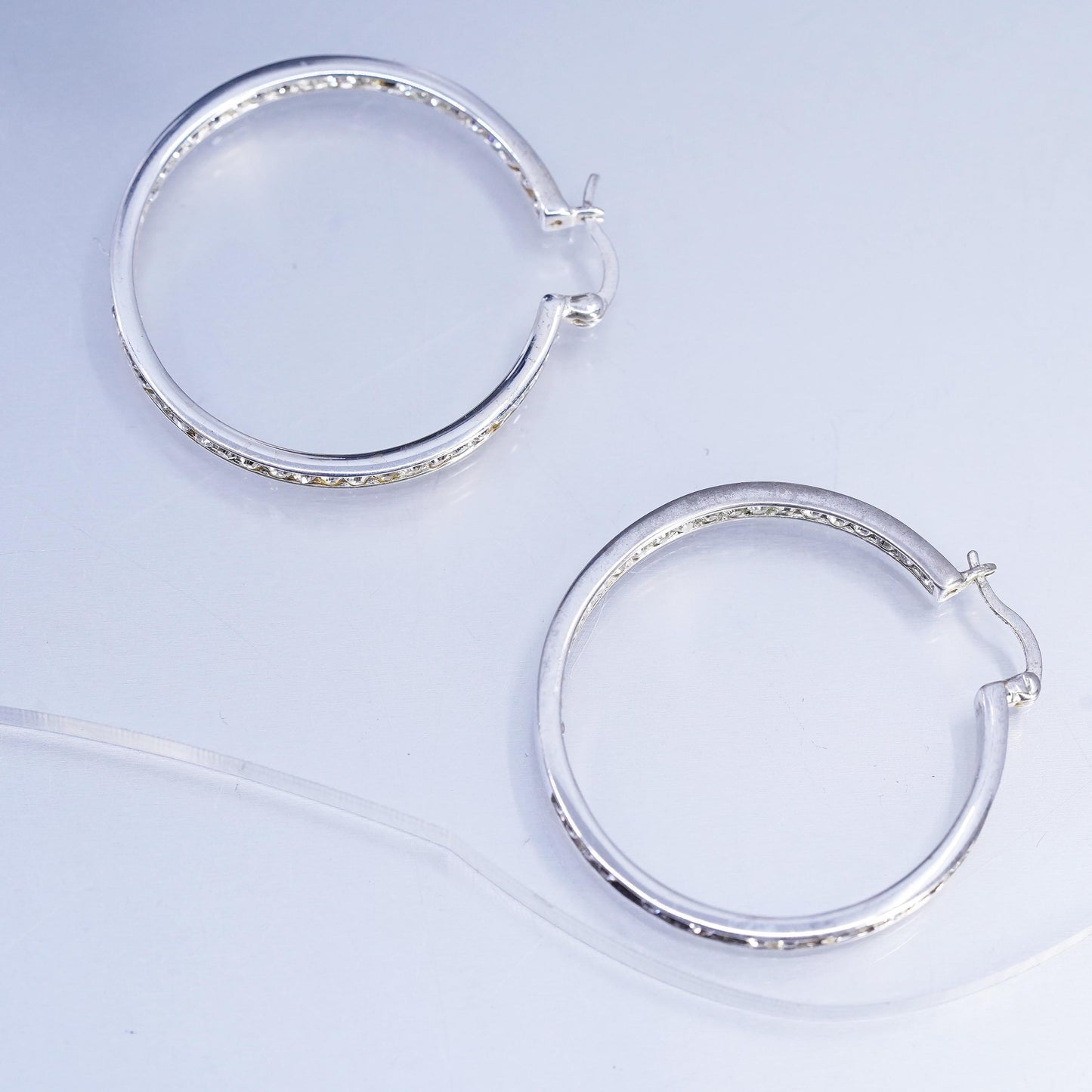 1.5", MISSING CZ vintage Sterling silver earrings, 925 hoops with cluster cz