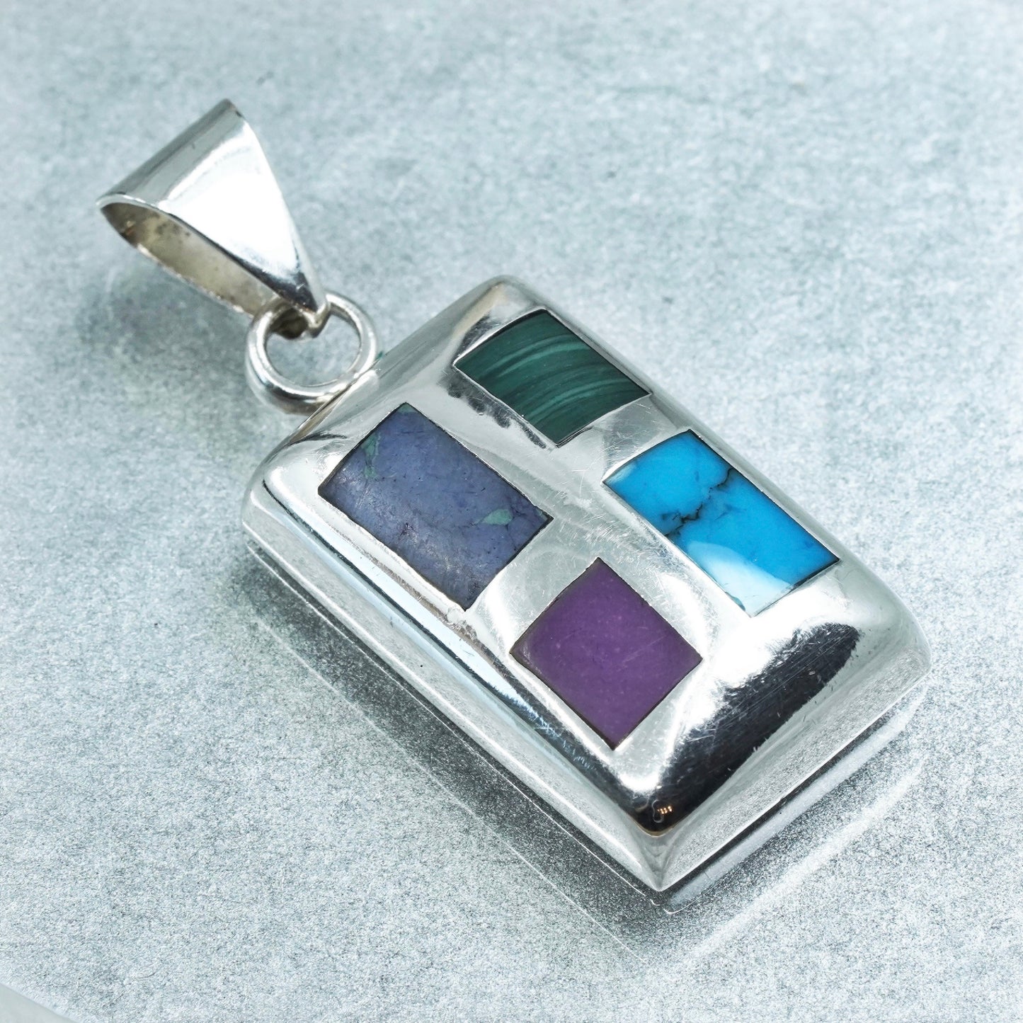 sterling 925 silver handmade regtangular pendant turquoise malachite sodalite