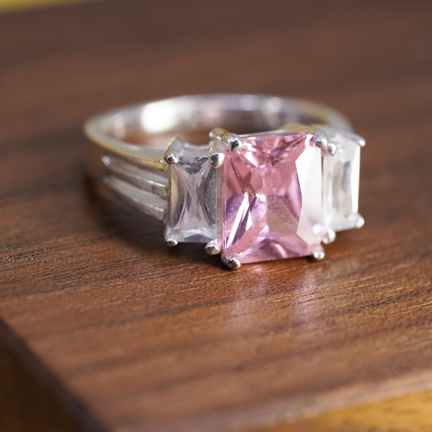 Size 7.5, vintage Sterling 925 silver ring with pink crystal and clear cz