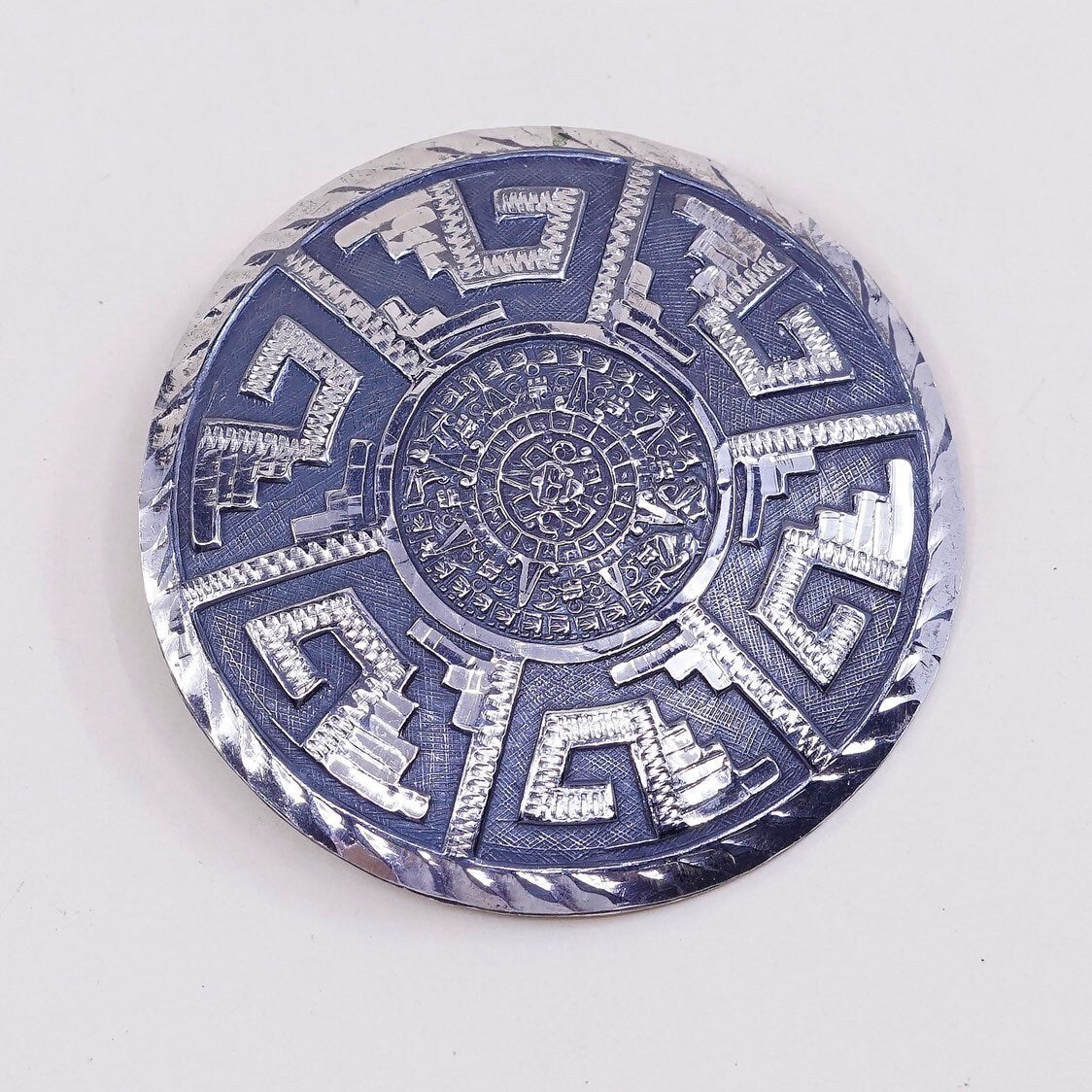 Vintage EVB sterling silver handmade brooch, solid 925 silver mayan calendar pendant, stamped 925 handmade