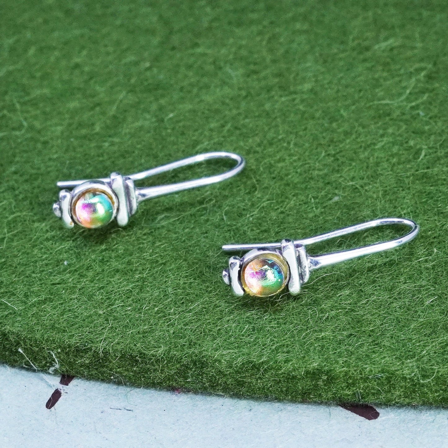 Sterling silver handmade earrings, 925 hooks rainbow foiled artisan glass bead