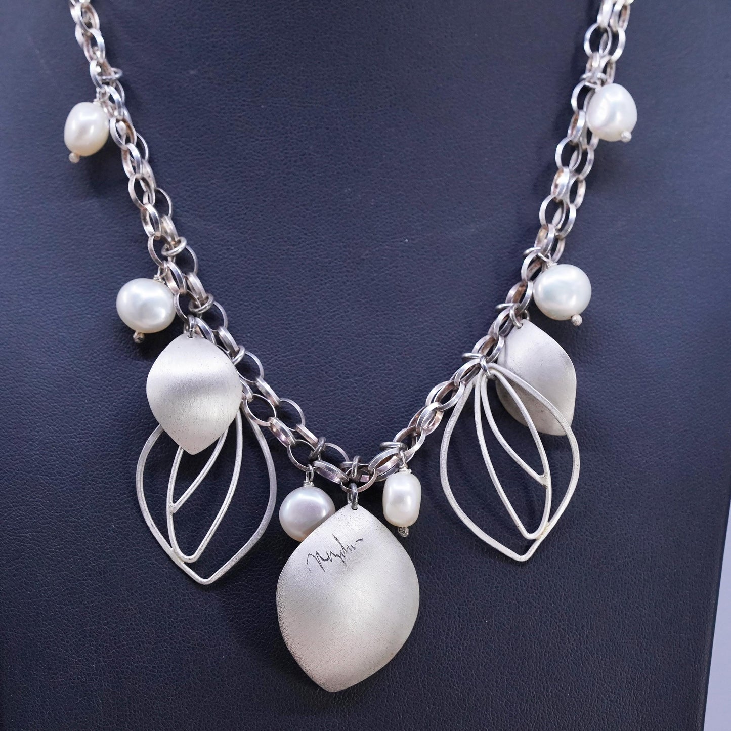 Sterling silver necklace, double strands 925 oval chain leaves pendant pearl
