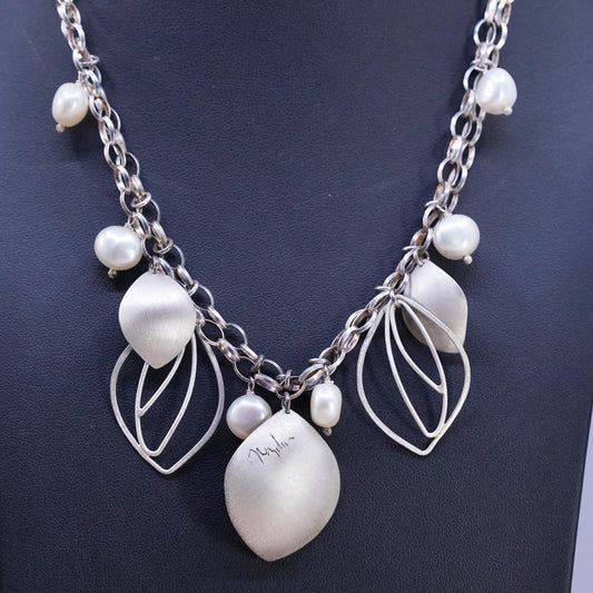 Sterling silver necklace, double strands 925 oval chain leaves pendant pearl