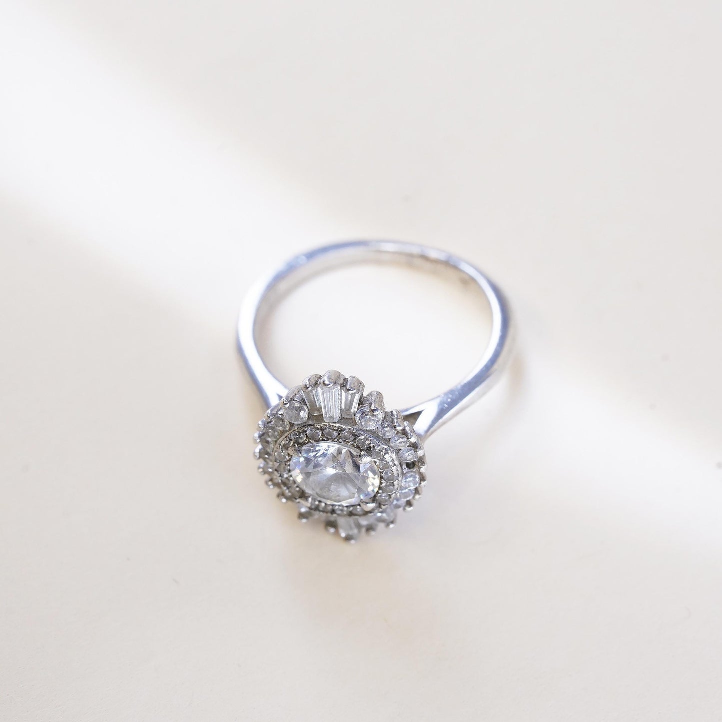 Size 4.5, 925 Sterling silver ring with crystal and CZ cluster, engagement ring