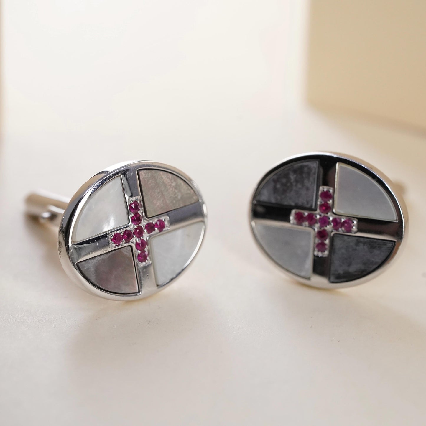 Vintage LG fine sterling silver cuff links 925 ruby cross cufflinks MOP abalone