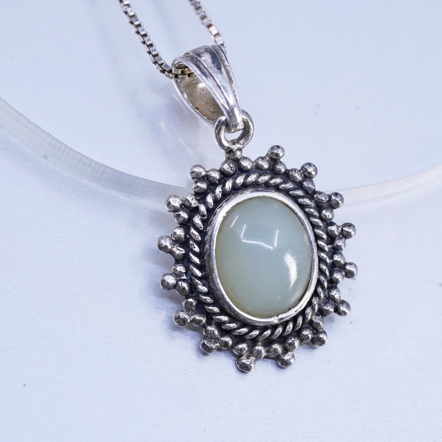 18", vintage Sterling 925 silver box chain necklace with jade pendant