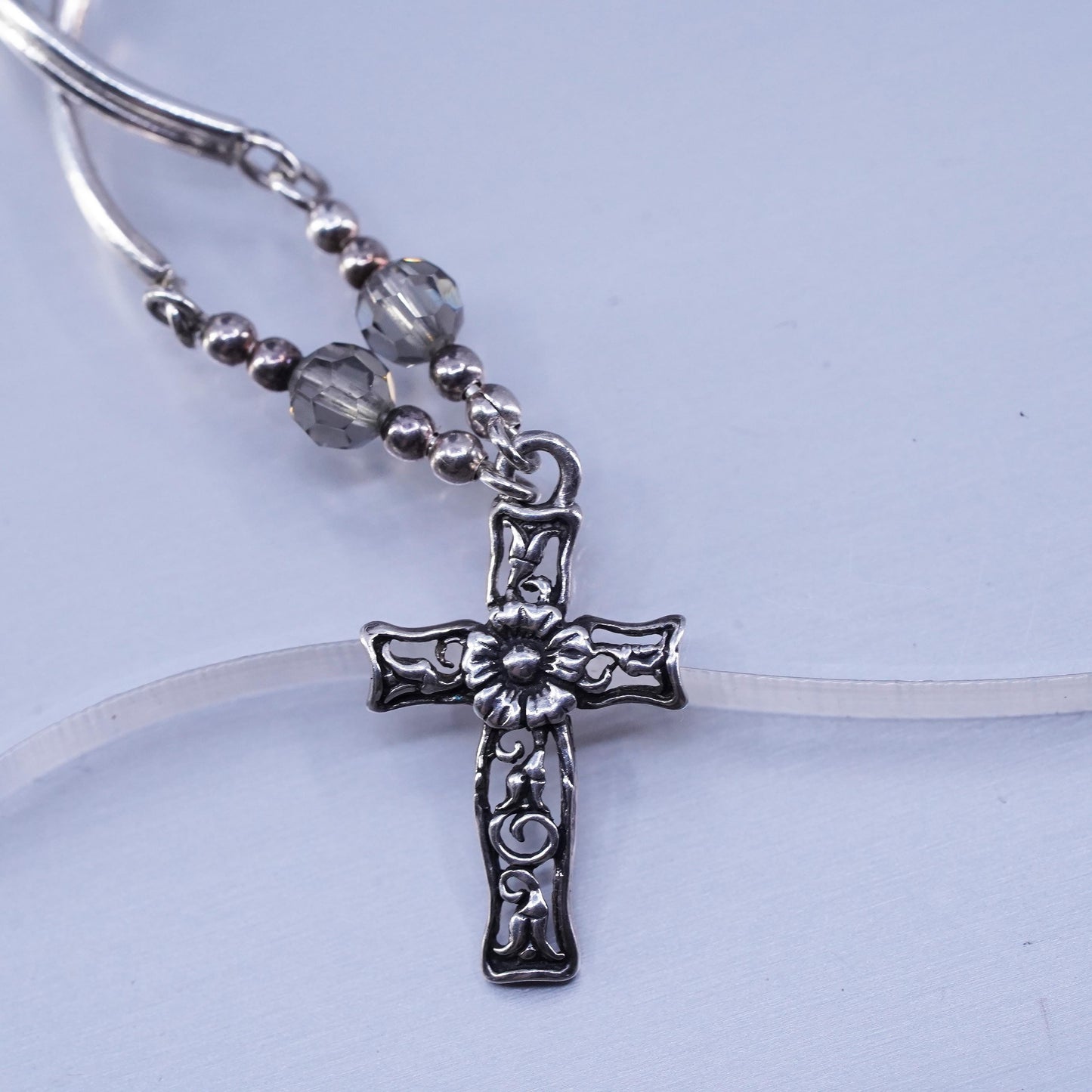 16”, vintage Sterling 925 silver curvy bar necklace with filigree cross pendant