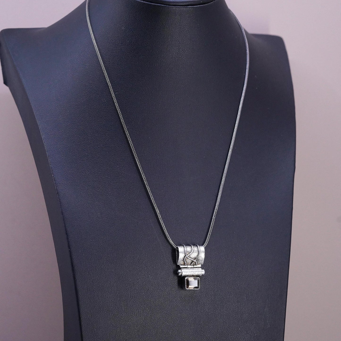 17", Sterling Silver Smoky Quartz Pendant Necklace Modernist Artisan 925 Silver