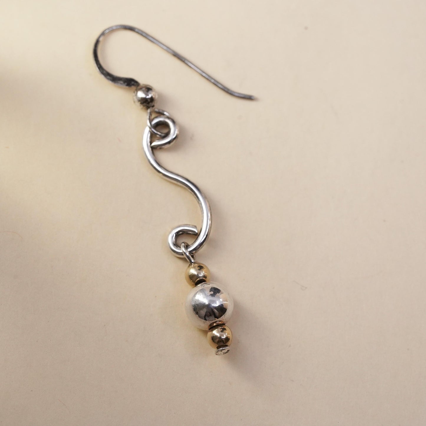 Vintage two tone sterling silver handmade single earring 14K yellow gold beads