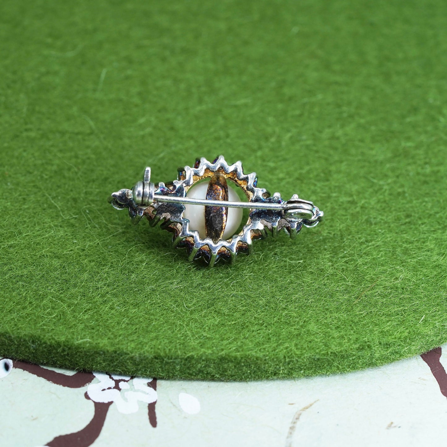 Vintage Sterling 925 silver handmade circle brooch with pearl and cluster cz,