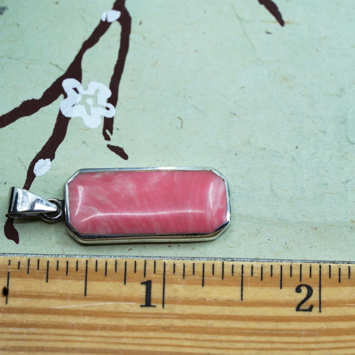 Vintage sterling silver handmade pendant, 925 rectangular charm w/ pink enamel