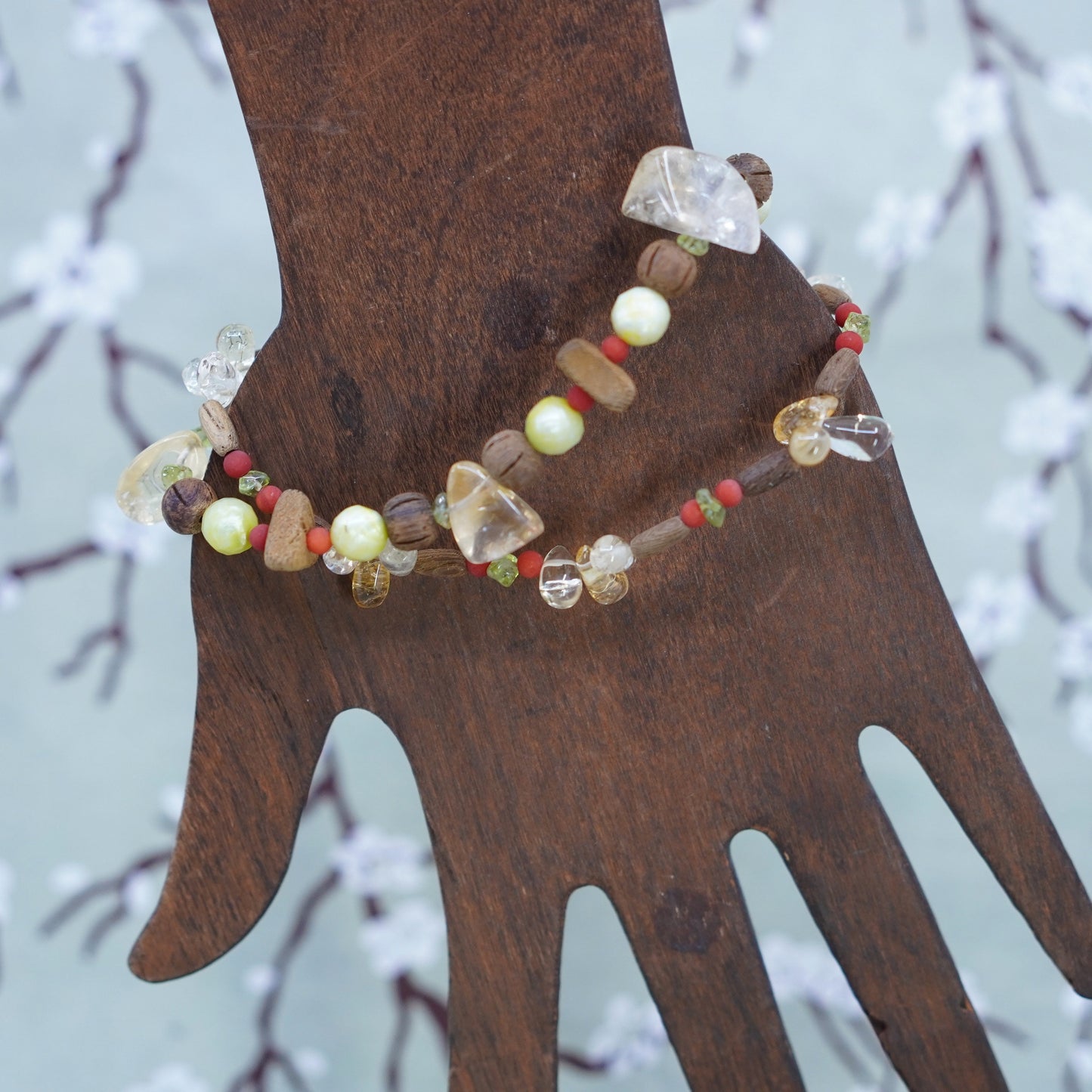 7+1”, 925 Sterling silver double strands bracelet citrine coral wooden beads