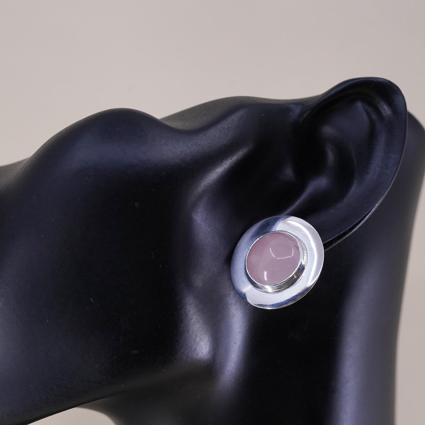 Vintage Sterling silver earrings, 925 circle studs with oval pink quartz stone