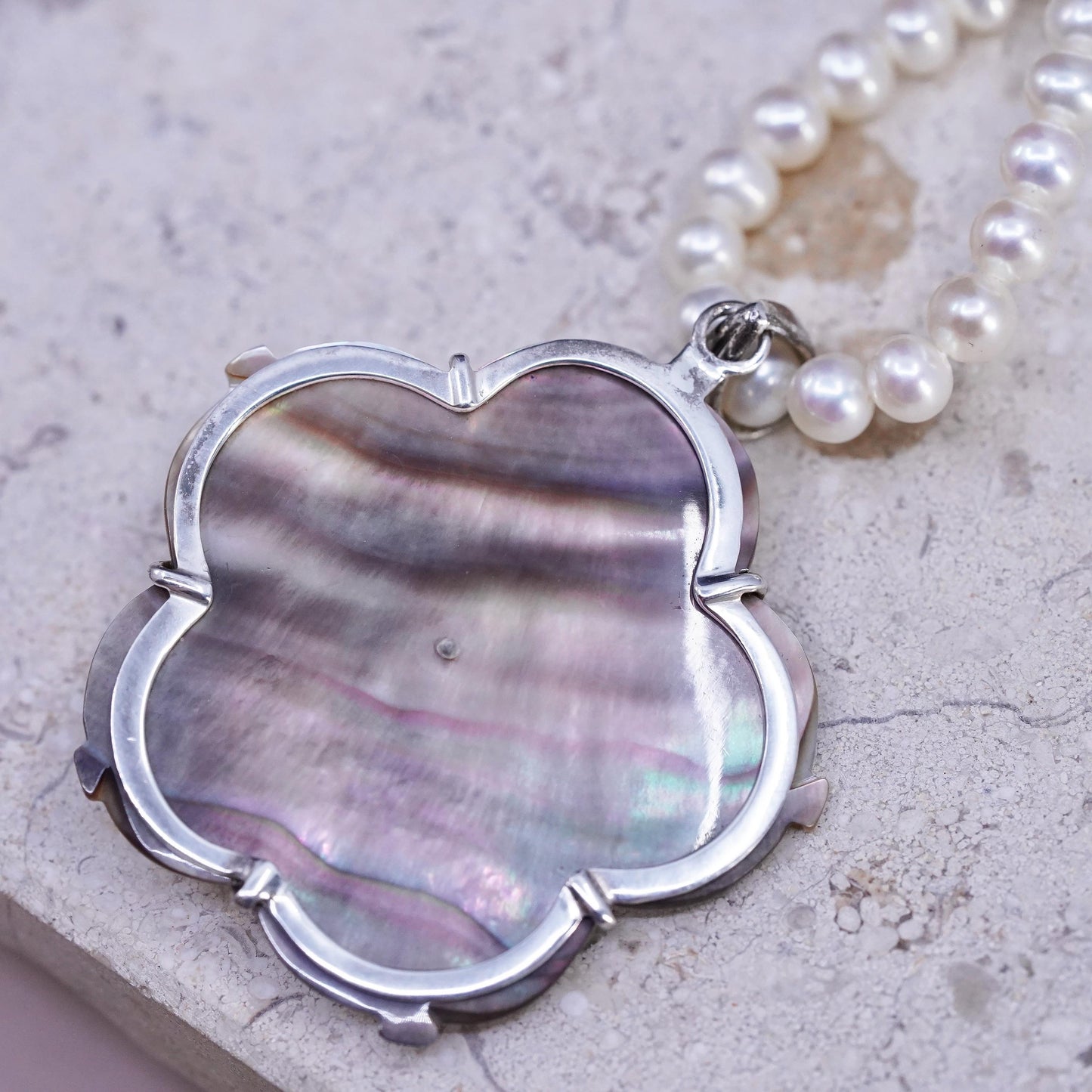 17+2", LUC sterling 925 Silver necklace pearl mother of pearl flower pendant