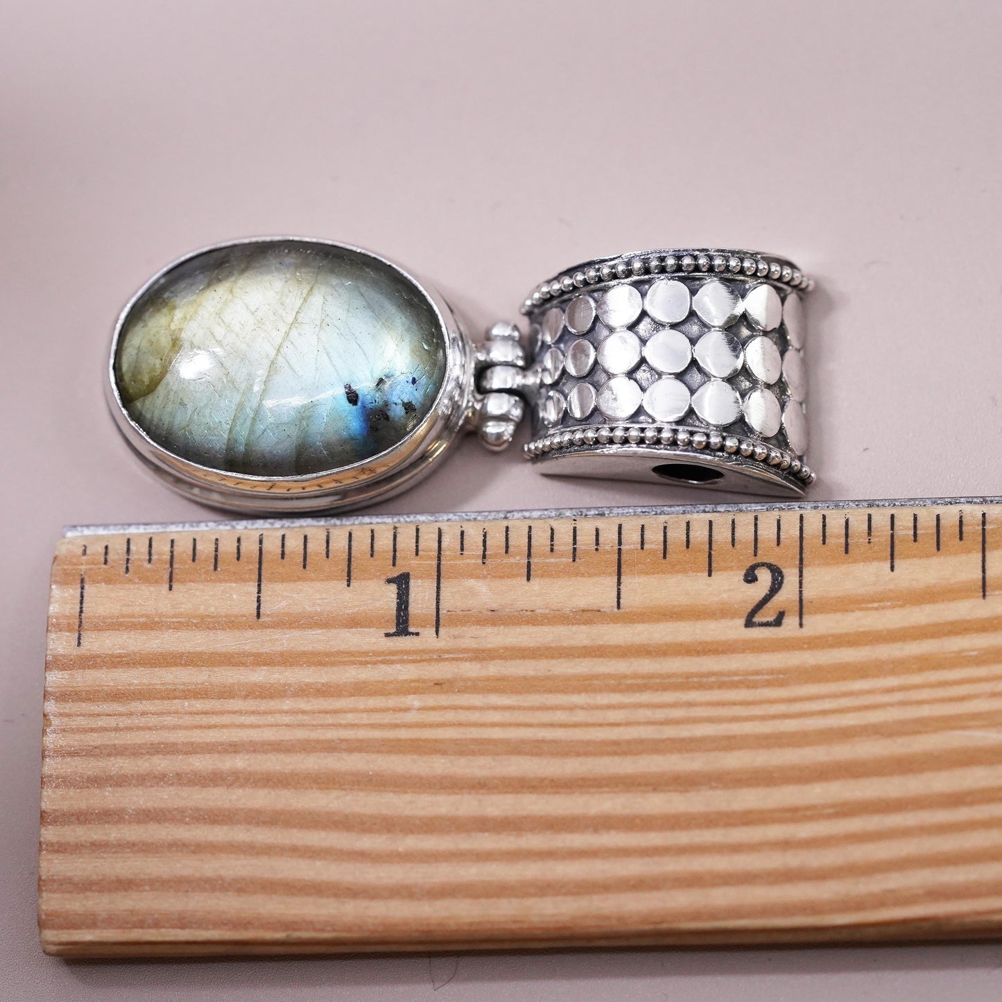Vintage Sterling silver handmade pendant, 925 bead textured oval labradorite