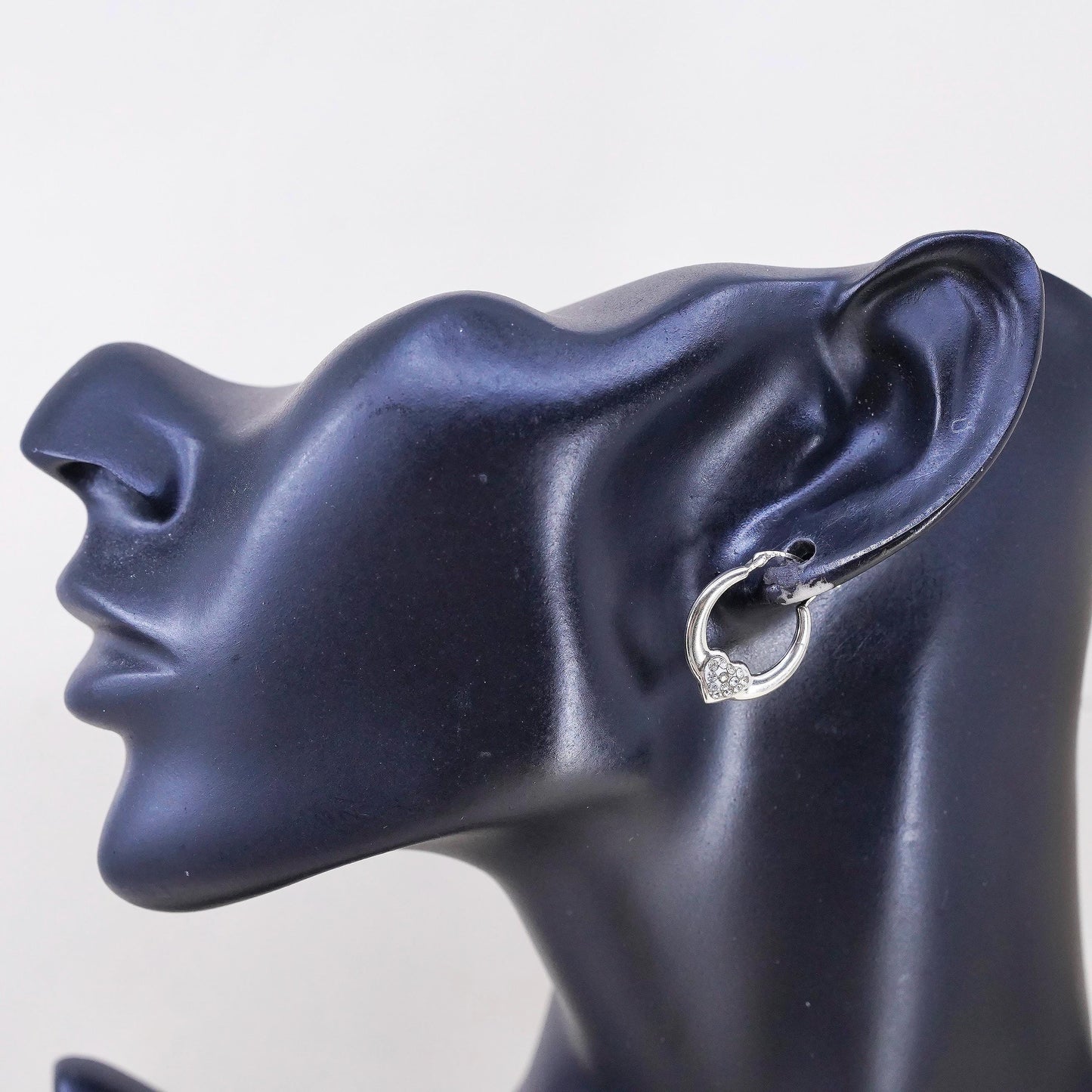 0.75”, Vintage sterling silver earrings, 925 heart huggie hoops with cz