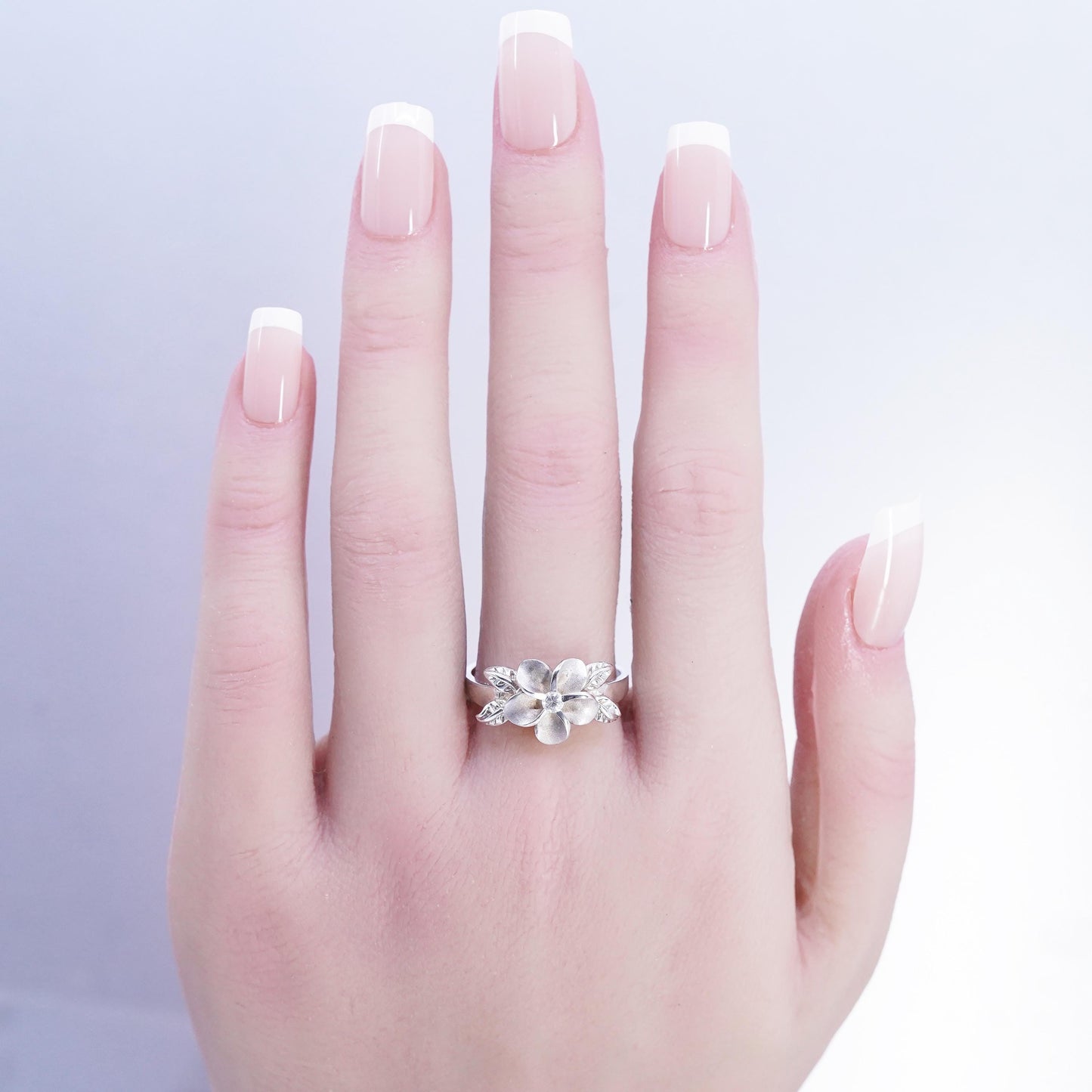 Size 9.5, vintage Sterling 925 silver handmade ring, plumeria flower band cz