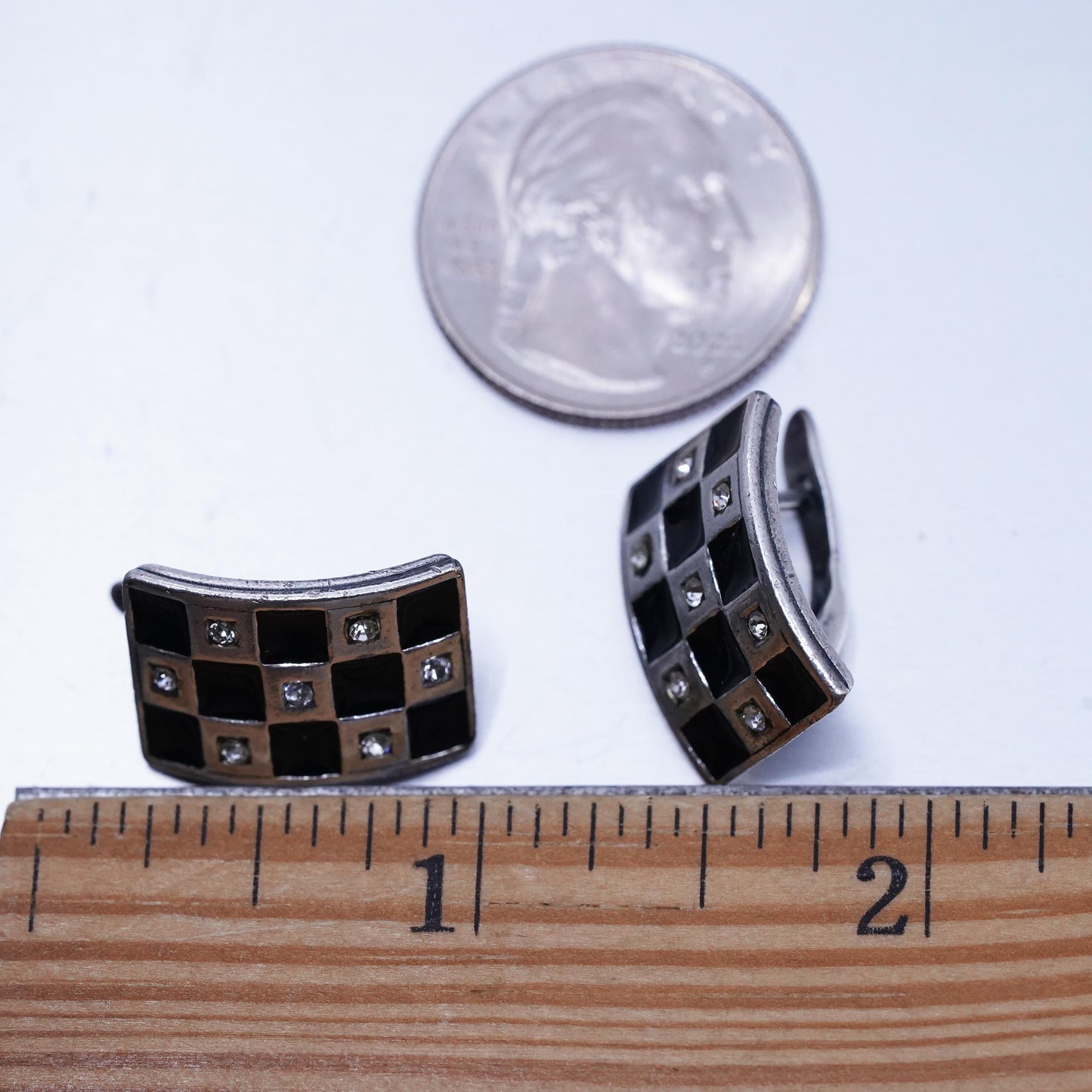 Vintage J JENAVI Designer Sterling 925 silver black enamel cz earrings, studs