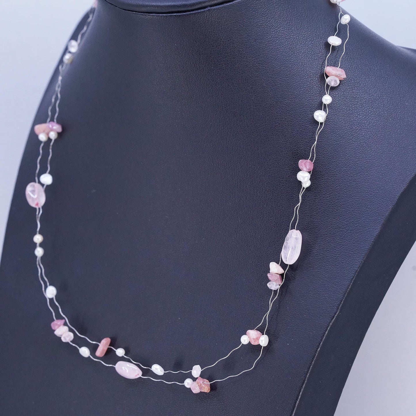 18” double strands necklace 925 sterling Silver clasp Rose Quartz Pearl beads