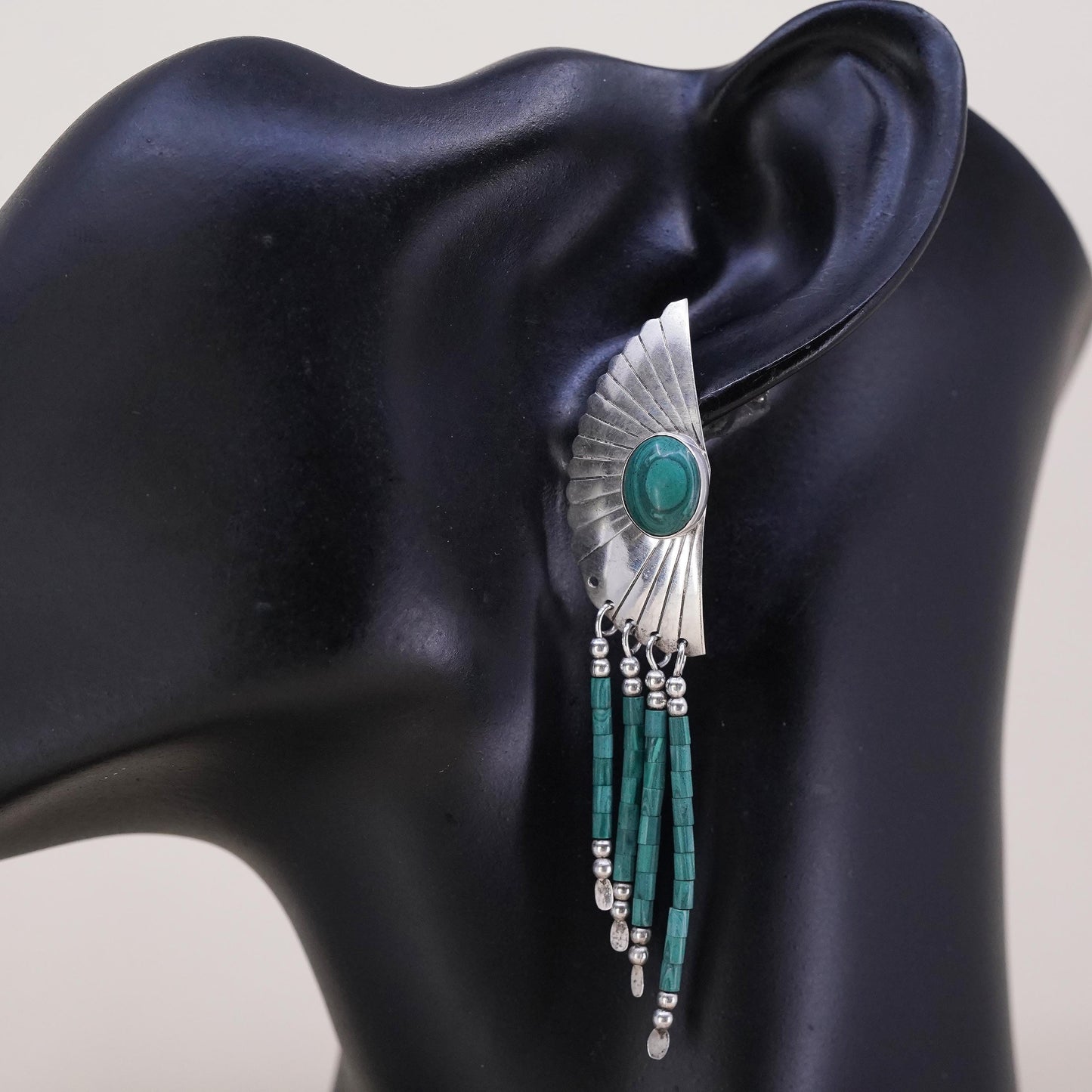 Native American single earring Navajo Sterling 925 silver malachite wing fringe