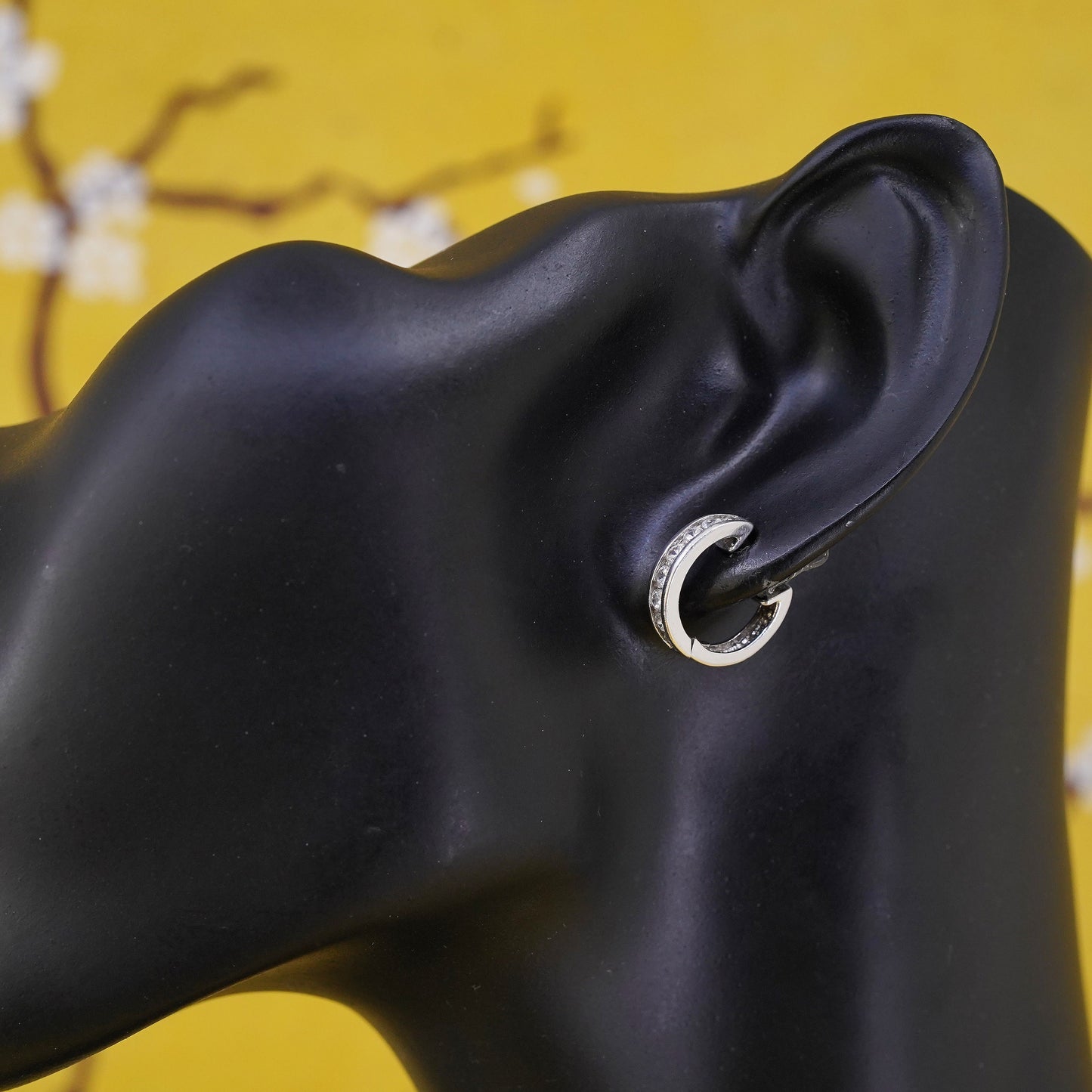 0.5", vintage Sterling silver handmade earrings, 925 huggie hoops w/ cluster cz