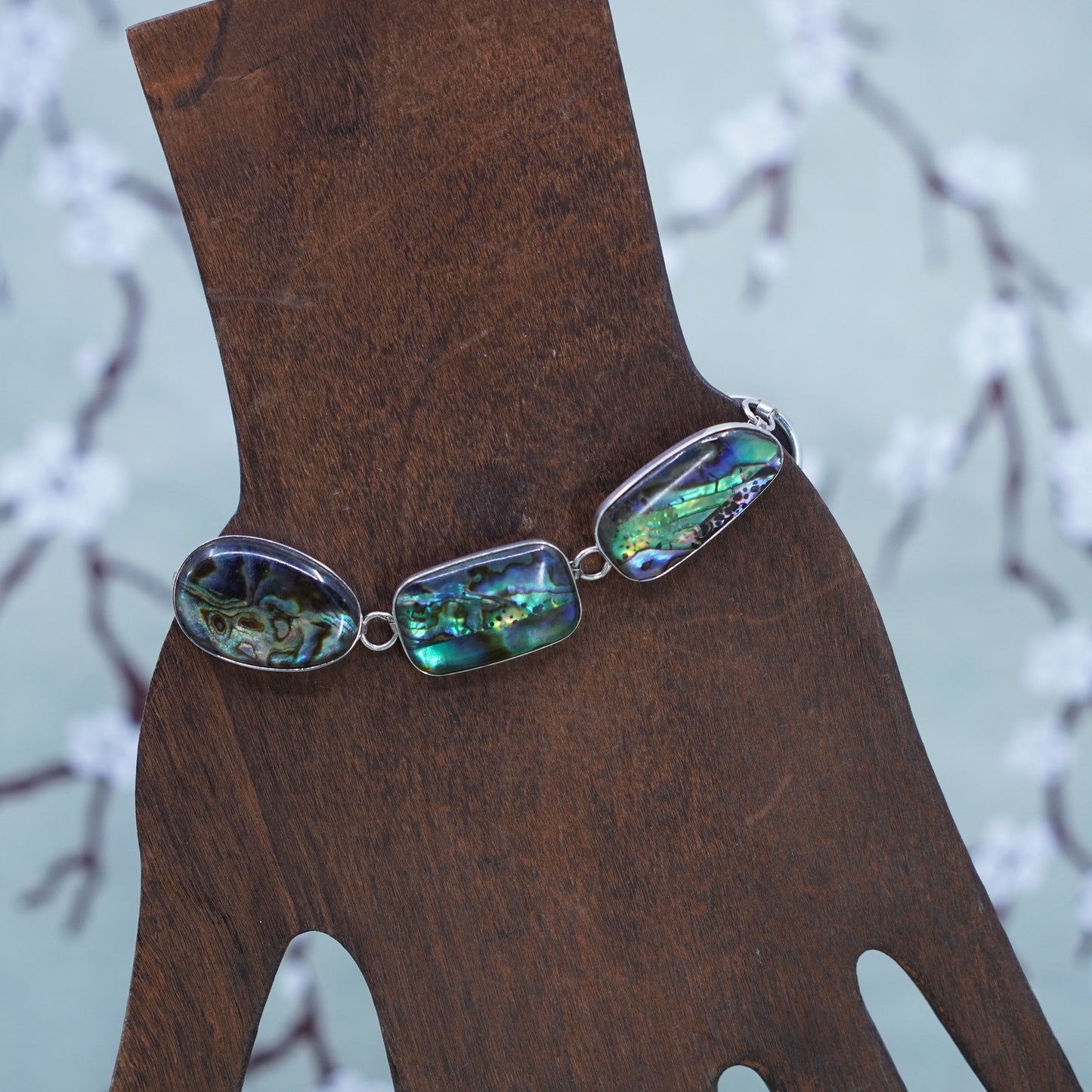 7.75”, vintage LUC 925 sterling silver handmade bracelet with abalone inlay